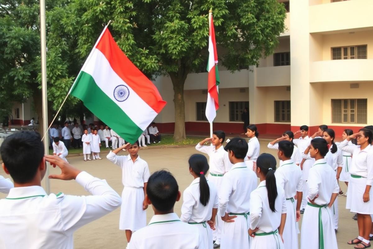 Flag hoisting and salute at the morning assembly, 15 August