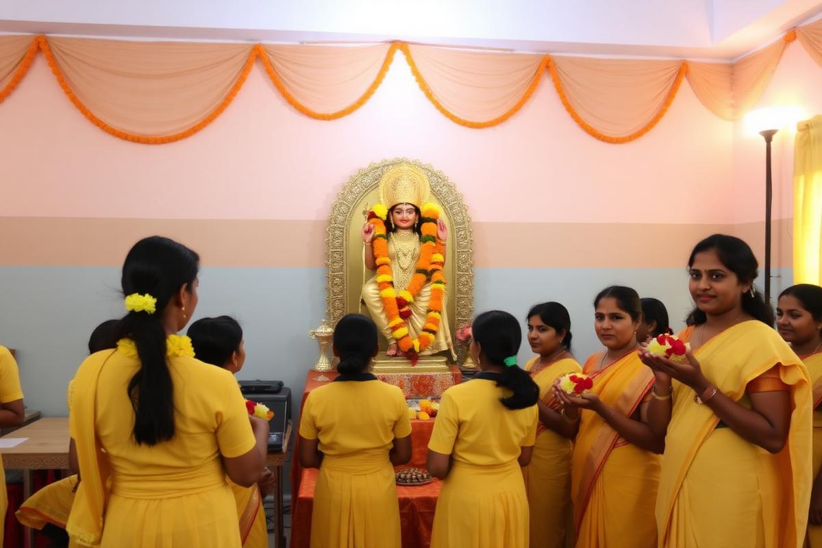 Basant Panchami puja in the school hall